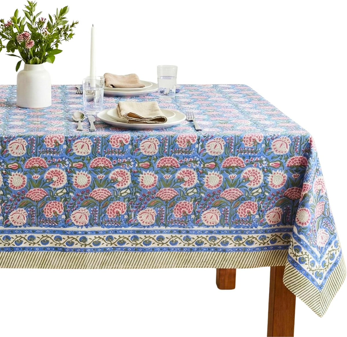 Clover Pink 100% Cotton Fall Tablecloth, Handblock Print Rectangle Table Cover for Kitchen Dining Linen I Parties, Weddings, Outdoors, Easter Table Cloth Decor 60 X 90 Inches I 6 Seater