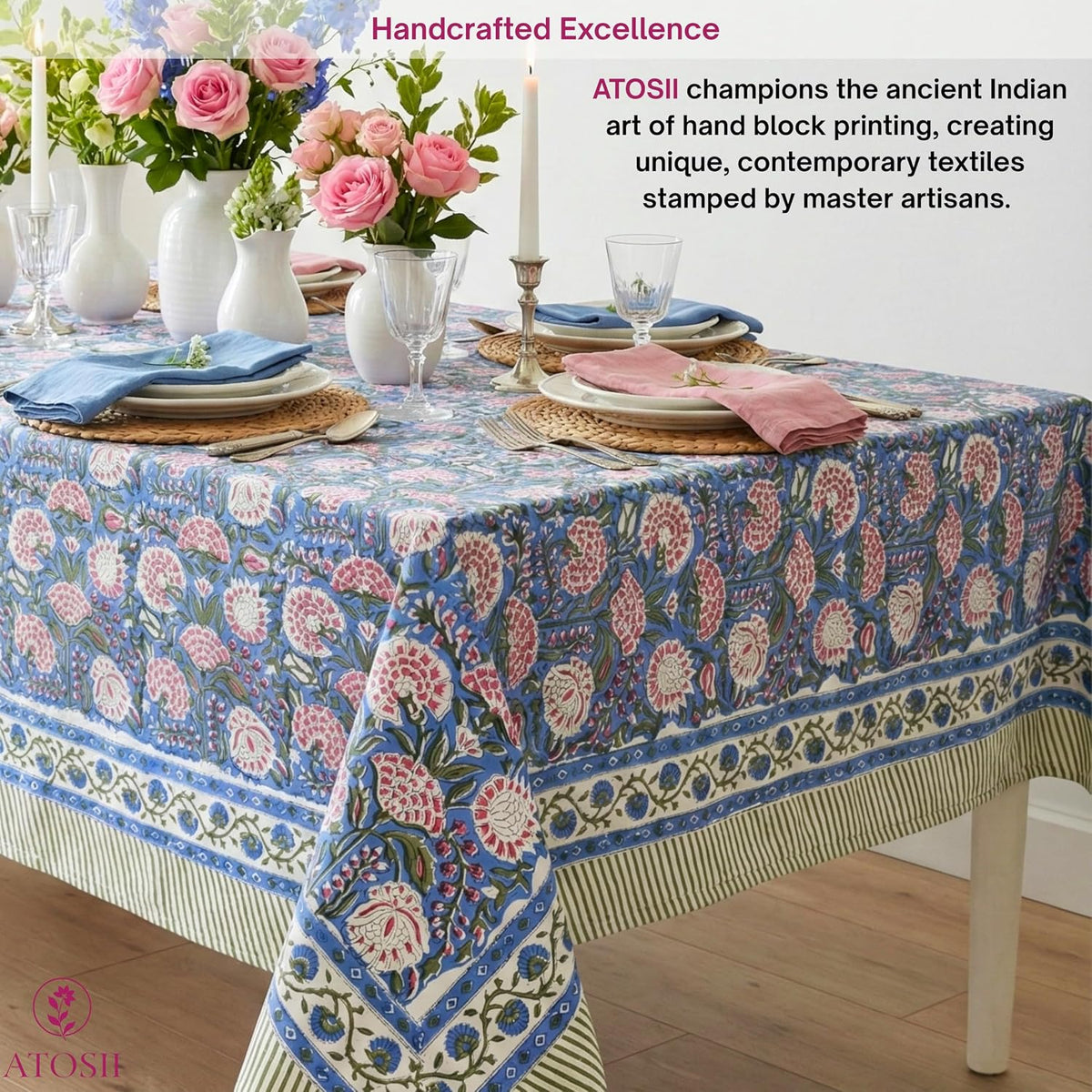 Clover Pink 100% Cotton Fall Tablecloth, Handblock Print Rectangle Table Cover for Kitchen Dining Linen I Parties, Weddings, Outdoors, Easter Table Cloth Decor 60 X 90 Inches I 6 Seater