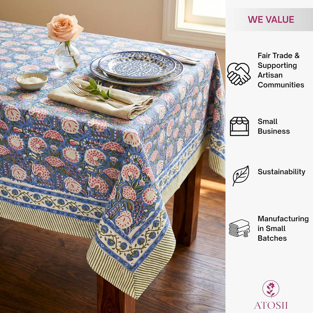 Clover Pink 100% Cotton Fall Tablecloth, Handblock Print Rectangle Table Cover for Kitchen Dining Linen I Parties, Weddings, Outdoors, Easter Table Cloth Decor 60 X 90 Inches I 6 Seater