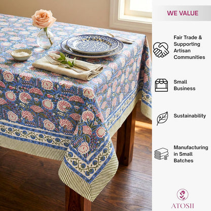 Clover Pink 100% Cotton Fall Tablecloth, Handblock Print Rectangle Table Cover for Kitchen Dining Linen I Parties, Weddings, Outdoors, Easter Table Cloth Decor 60 X 90 Inches I 6 Seater