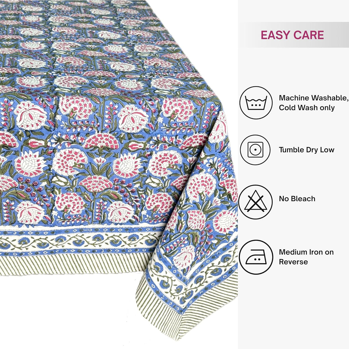 Clover Pink 100% Cotton Fall Tablecloth, Handblock Print Rectangle Table Cover for Kitchen Dining Linen I Parties, Weddings, Outdoors, Easter Table Cloth Decor 60 X 90 Inches I 6 Seater