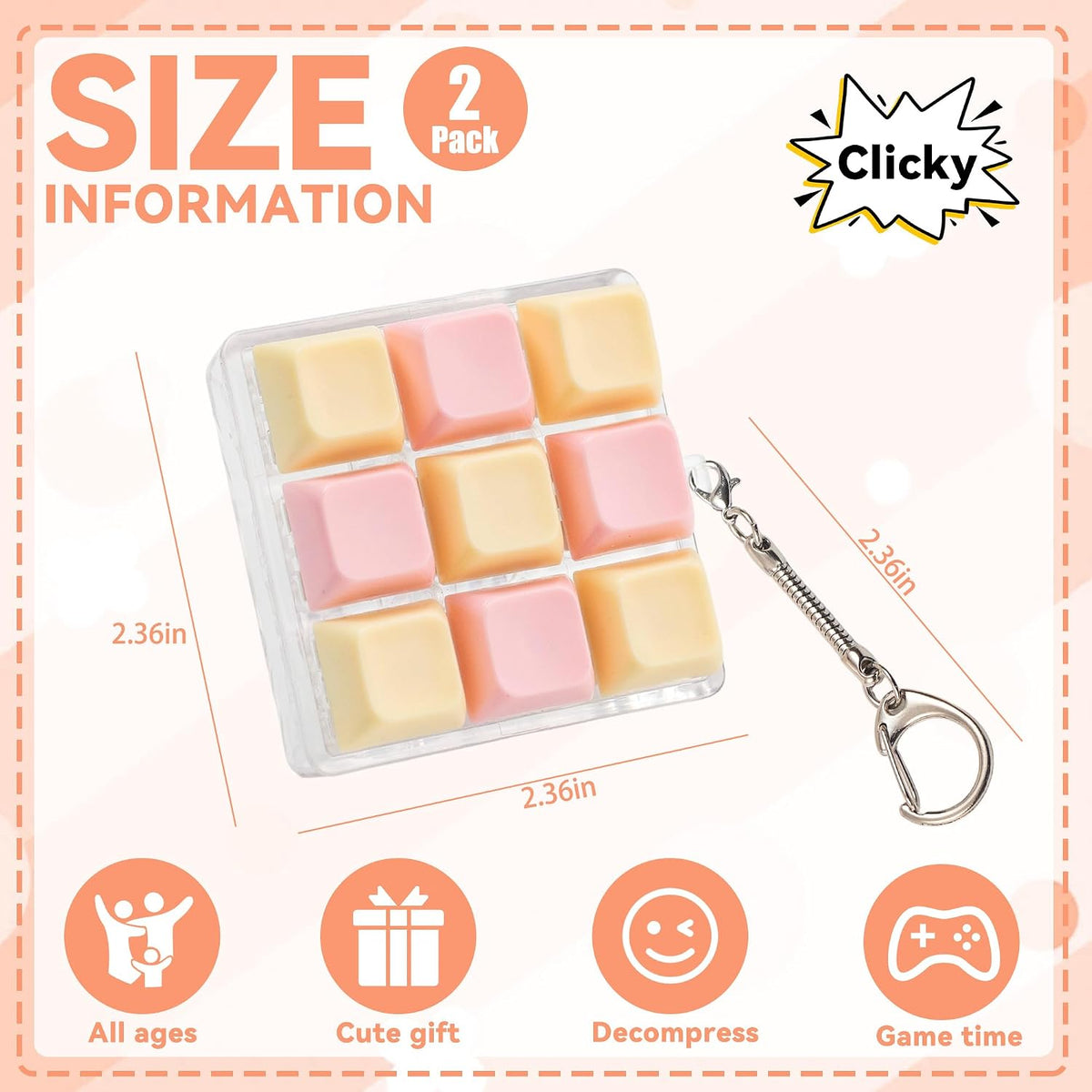 2 PCS Loud Keyboard Fidget Toy for Adult, 9 Keys Clicky Keychain ASMR Toy