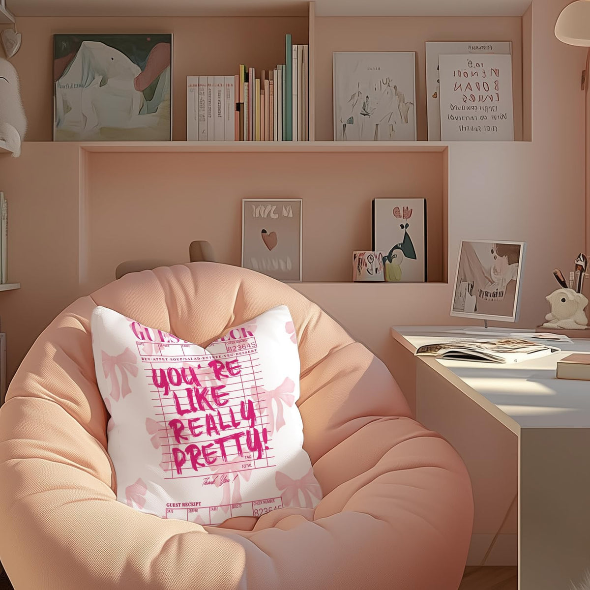 Inspirational Bow Throw Pillow Covers 18x18, Coquette Check Pillowcase, Coquette Preppy Dorm Room Decor for College Girls, Girly Positive Decor for Home
