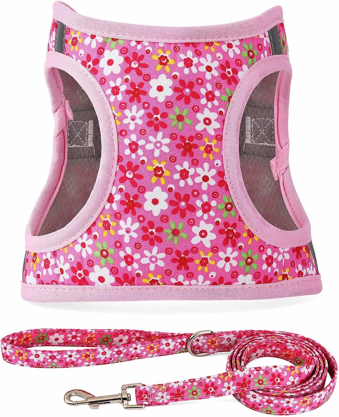 Step in Dog Harness Leash Set- All Weather Reflective No-Pull Floral Pattern Padded Mesh Vest Harness for Cats Puppy Extra-Small Small Medium Large Dogs - Pink Flower - S