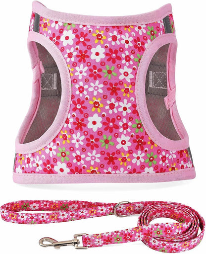 Step in Dog Harness Leash Set- All Weather Reflective No-Pull Floral Pattern Padded Mesh Vest Harness for Cats Puppy Extra-Small Small Medium Large Dogs - Pink Flower - S