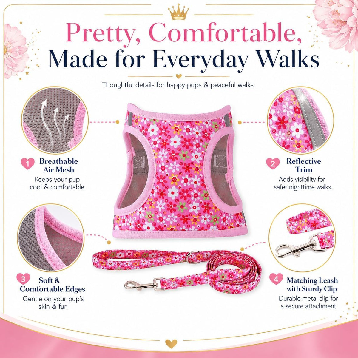 Step in Dog Harness Leash Set- All Weather Reflective No-Pull Floral Pattern Padded Mesh Vest Harness for Cats Puppy Extra-Small Small Medium Large Dogs - Pink Flower - S