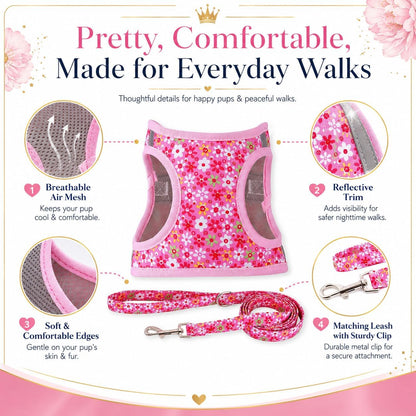 Step in Dog Harness Leash Set- All Weather Reflective No-Pull Floral Pattern Padded Mesh Vest Harness for Cats Puppy Extra-Small Small Medium Large Dogs - Pink Flower - S