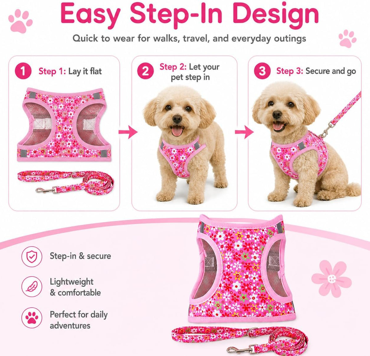 Step in Dog Harness Leash Set- All Weather Reflective No-Pull Floral Pattern Padded Mesh Vest Harness for Cats Puppy Extra-Small Small Medium Large Dogs - Pink Flower - S