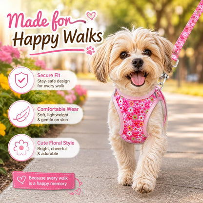 Step in Dog Harness Leash Set- All Weather Reflective No-Pull Floral Pattern Padded Mesh Vest Harness for Cats Puppy Extra-Small Small Medium Large Dogs - Pink Flower - S