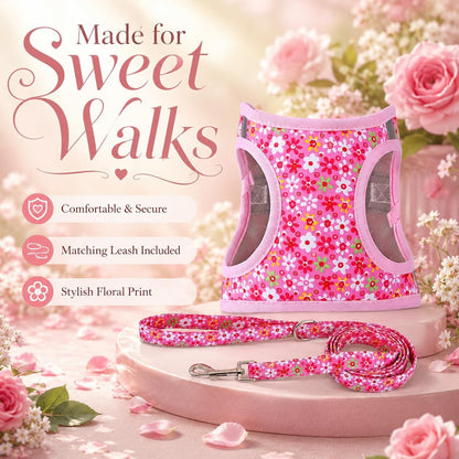 Step in Dog Harness Leash Set- All Weather Reflective No-Pull Floral Pattern Padded Mesh Vest Harness for Cats Puppy Extra-Small Small Medium Large Dogs - Pink Flower - S