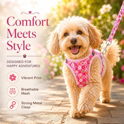 Step in Dog Harness Leash Set- All Weather Reflective No-Pull Floral Pattern Padded Mesh Vest Harness for Cats Puppy Extra-Small Small Medium Large Dogs - Pink Flower - S