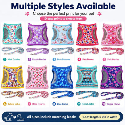 Step in Dog Harness Leash Set- All Weather Reflective No-Pull Floral Pattern Padded Mesh Vest Harness for Cats Puppy Extra-Small Small Medium Large Dogs - Pink Flower - S