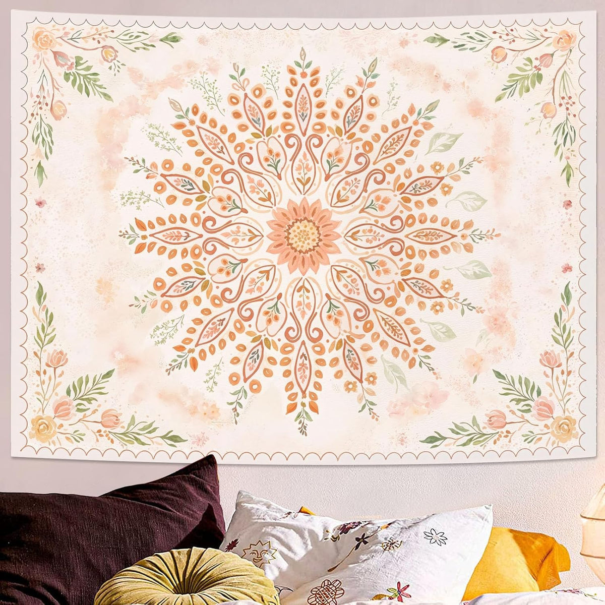 Floral Mandala Tapestry Boho Tapestry for Bedroom Peach Tapestries Wall Hanging Living Room Wall Art and Home Decor 60x80