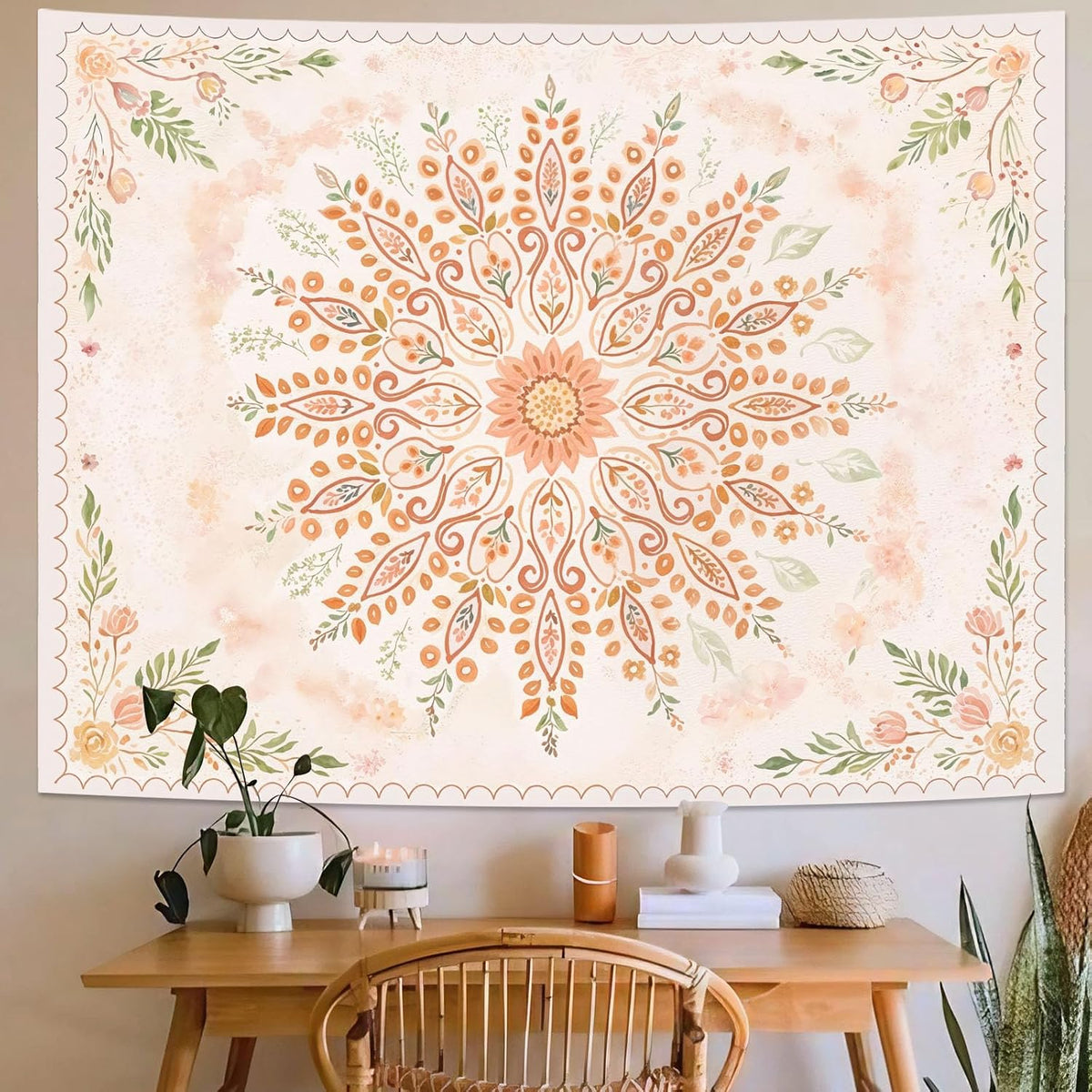 Floral Mandala Tapestry Boho Tapestry for Bedroom Peach Tapestries Wall Hanging Living Room Wall Art and Home Decor 60x80