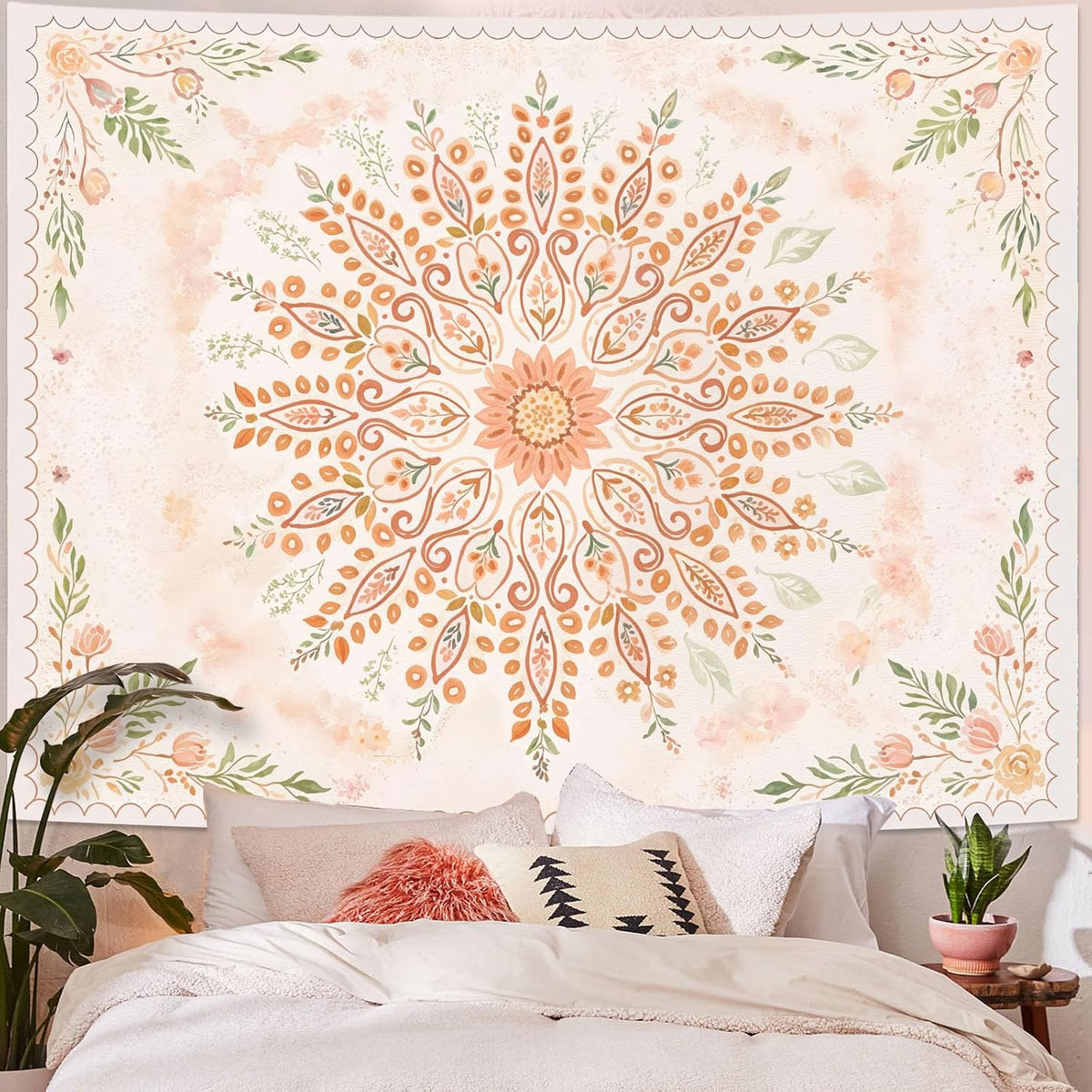 Floral Mandala Tapestry Boho Tapestry for Bedroom Peach Tapestries Wall Hanging Living Room Wall Art and Home Decor 60x80