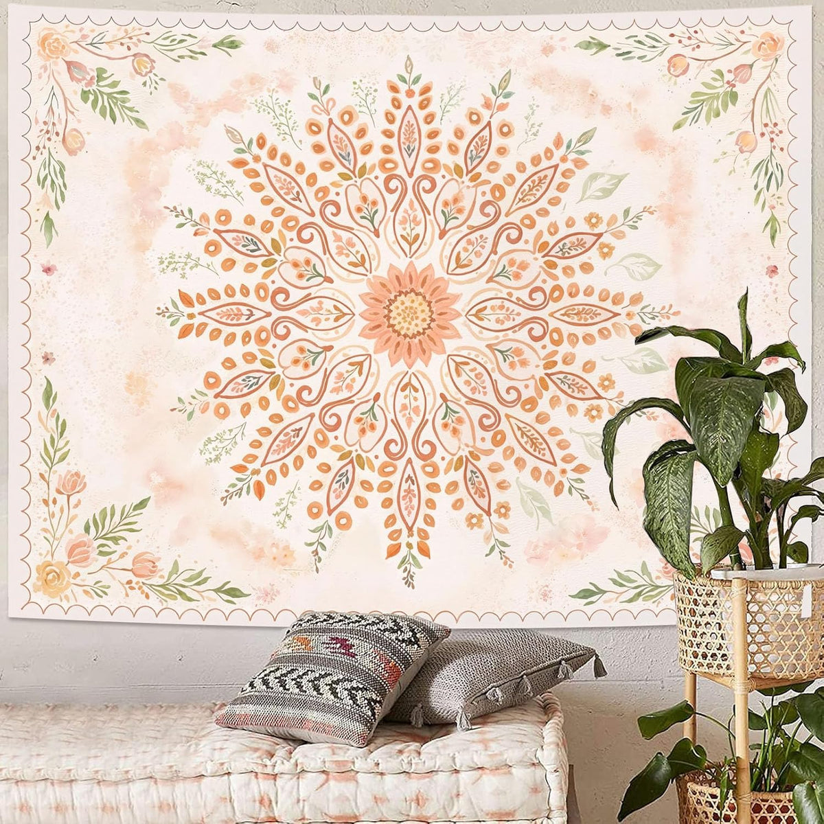 Floral Mandala Tapestry Boho Tapestry for Bedroom Peach Tapestries Wall Hanging Living Room Wall Art and Home Decor 60x80