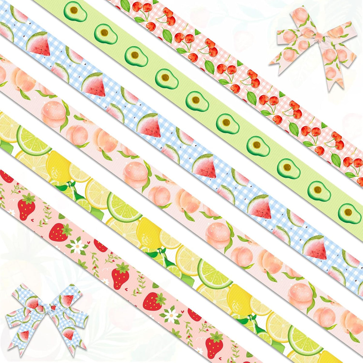 6 Rolls 18 Yards Fruit Ribbons, 3/8" Blue White Buffalo Plaid Grosgrain Ribbons Watermelon Avocado Cherry Strawberry Peach Lemon Pattern Ribbon for Home Summer Spring Party Gift Wrapping Crafts