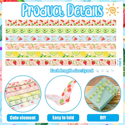 6 Rolls 18 Yards Fruit Ribbons, 3/8" Blue White Buffalo Plaid Grosgrain Ribbons Watermelon Avocado Cherry Strawberry Peach Lemon Pattern Ribbon for Home Summer Spring Party Gift Wrapping Crafts