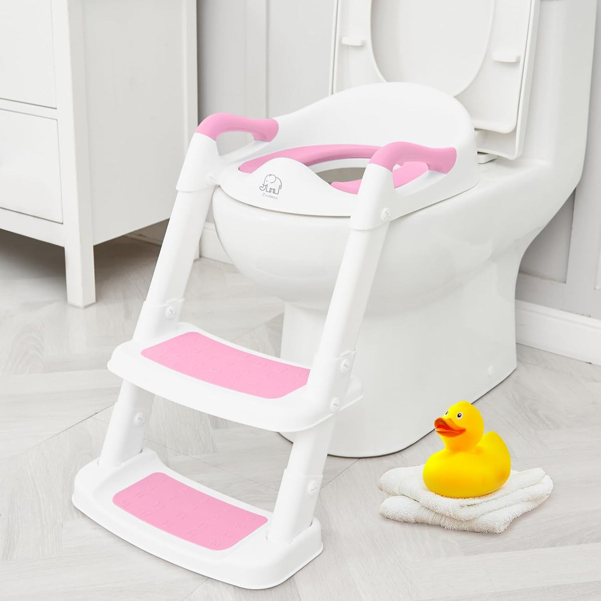 Potty Training Toilet Seat with Step Stool Ladder, Toddler Kids Potty Seat for Girls, Non Slip Foldable Toilet Training Seat with Soft Cushion, Comfortable Handles (White-Pink)