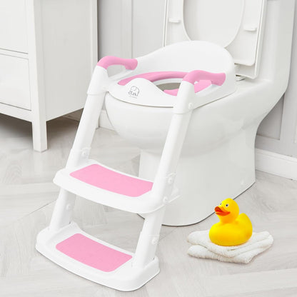 Potty Training Toilet Seat with Step Stool Ladder, Toddler Kids Potty Seat for Girls, Non Slip Foldable Toilet Training Seat with Soft Cushion, Comfortable Handles (White-Pink)
