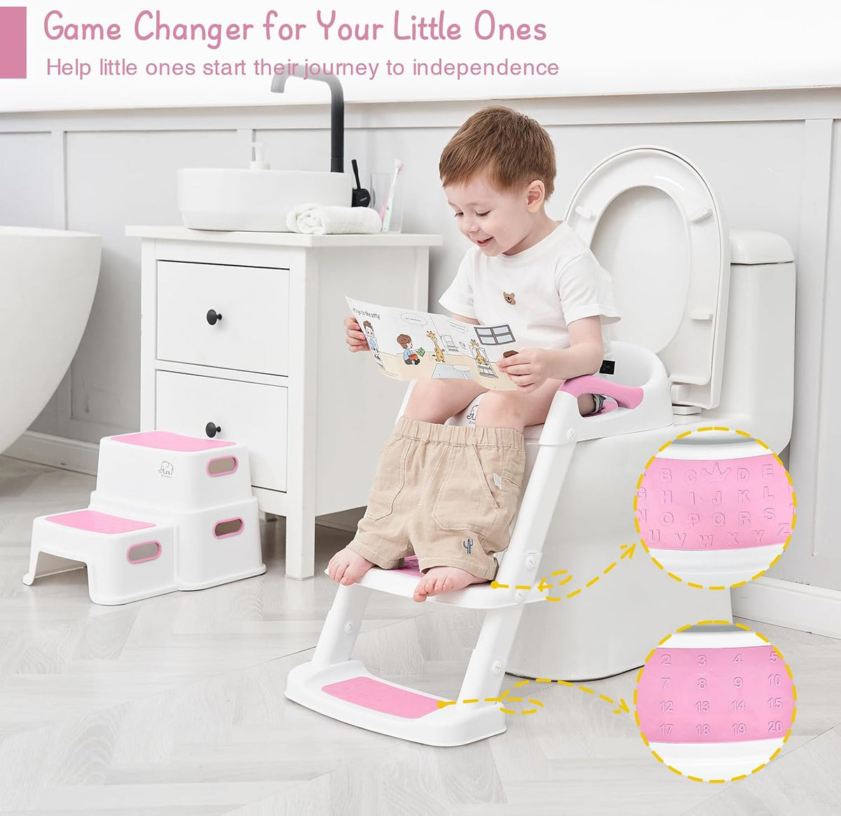 Potty Training Toilet Seat with Step Stool Ladder, Toddler Kids Potty Seat for Girls, Non Slip Foldable Toilet Training Seat with Soft Cushion, Comfortable Handles (White-Pink)