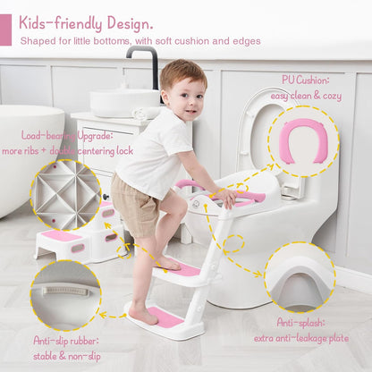 Potty Training Toilet Seat with Step Stool Ladder, Toddler Kids Potty Seat for Girls, Non Slip Foldable Toilet Training Seat with Soft Cushion, Comfortable Handles (White-Pink)