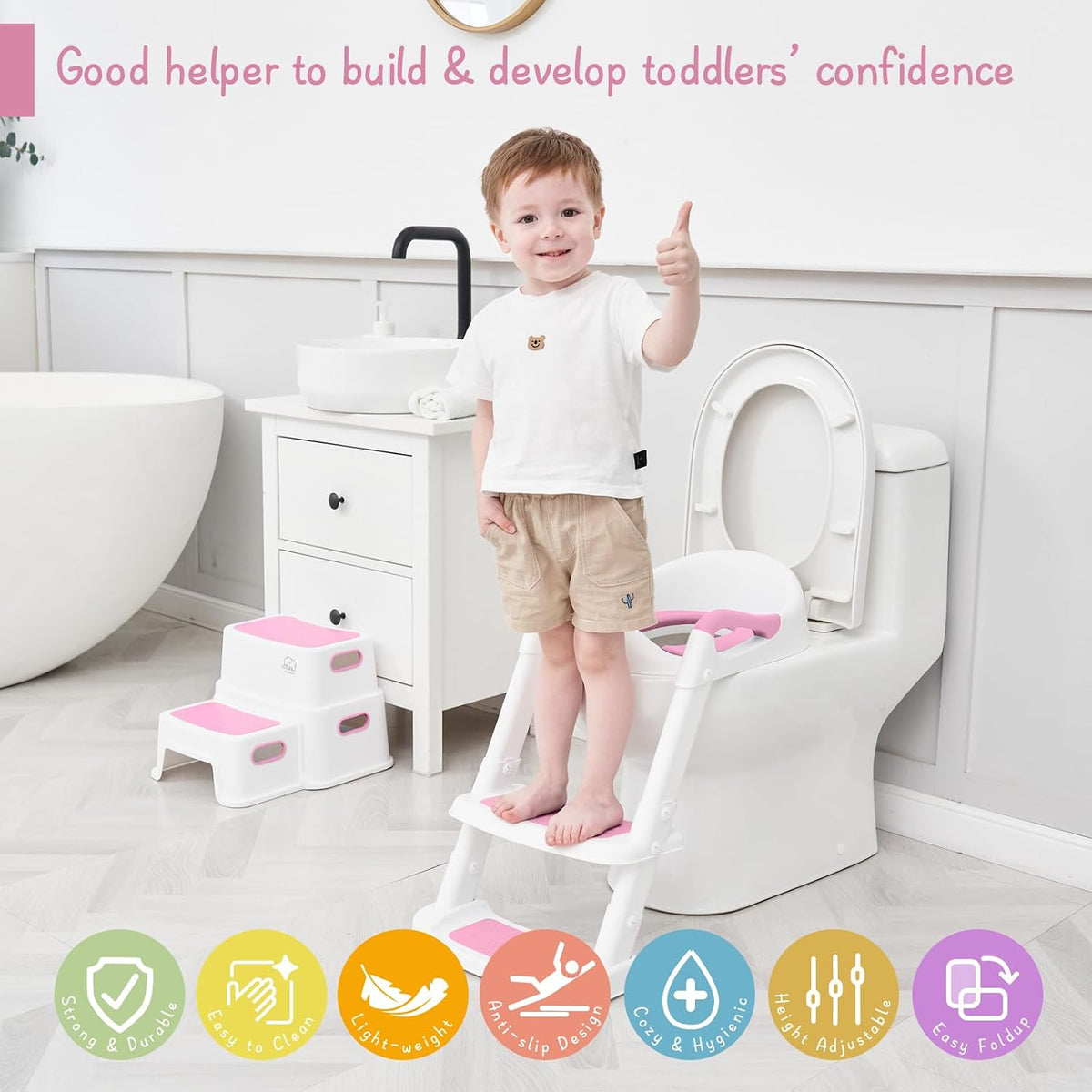 Potty Training Toilet Seat with Step Stool Ladder, Toddler Kids Potty Seat for Girls, Non Slip Foldable Toilet Training Seat with Soft Cushion, Comfortable Handles (White-Pink)