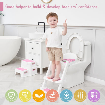 Potty Training Toilet Seat with Step Stool Ladder, Toddler Kids Potty Seat for Girls, Non Slip Foldable Toilet Training Seat with Soft Cushion, Comfortable Handles (White-Pink)