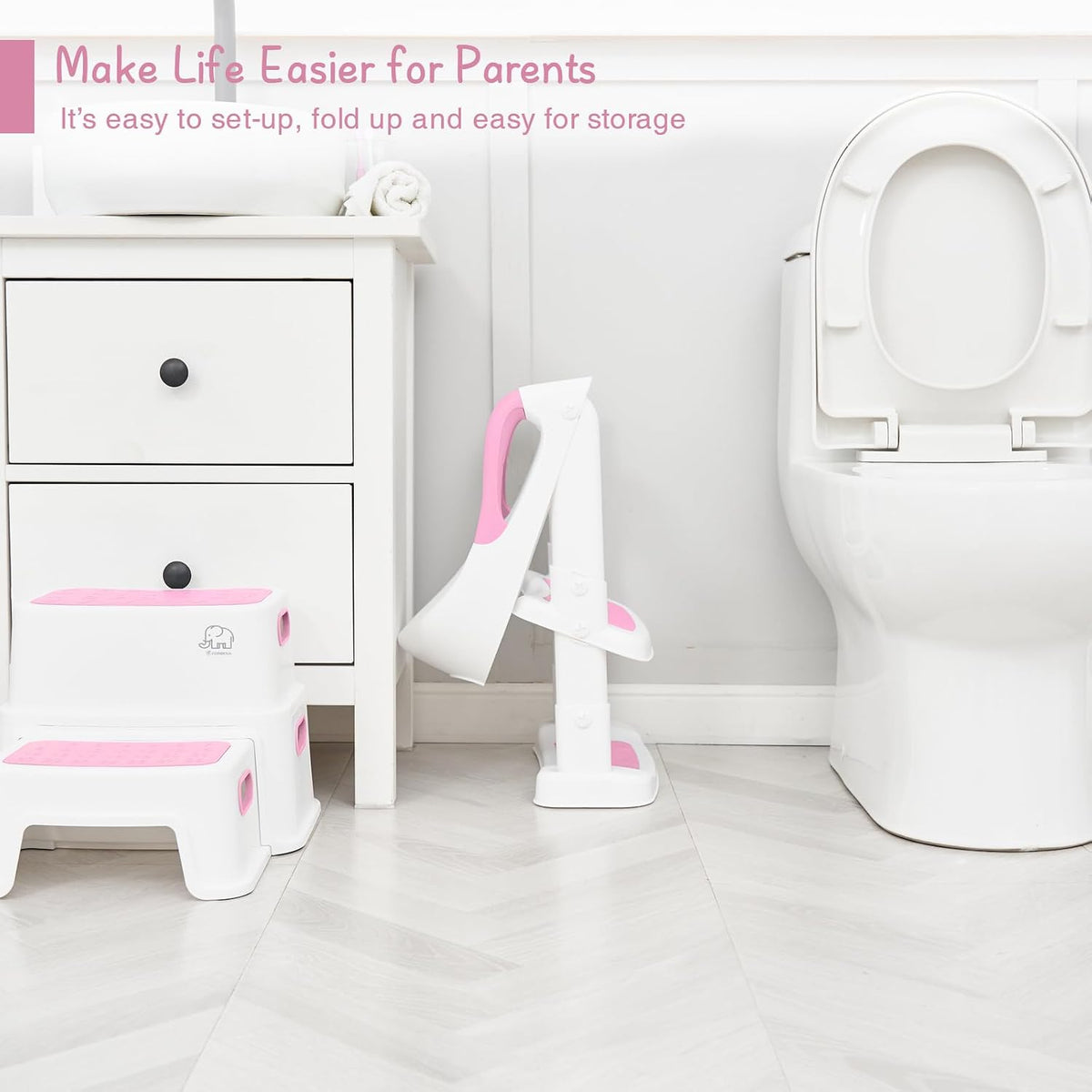 Potty Training Toilet Seat with Step Stool Ladder, Toddler Kids Potty Seat for Girls, Non Slip Foldable Toilet Training Seat with Soft Cushion, Comfortable Handles (White-Pink)