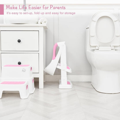 Potty Training Toilet Seat with Step Stool Ladder, Toddler Kids Potty Seat for Girls, Non Slip Foldable Toilet Training Seat with Soft Cushion, Comfortable Handles (White-Pink)