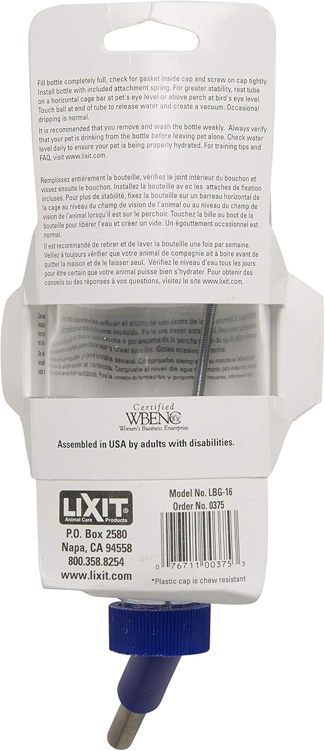 Lixit Glass Water Bottles for Small Animals and Birds (16oz), Clear (COMINHKR016337)