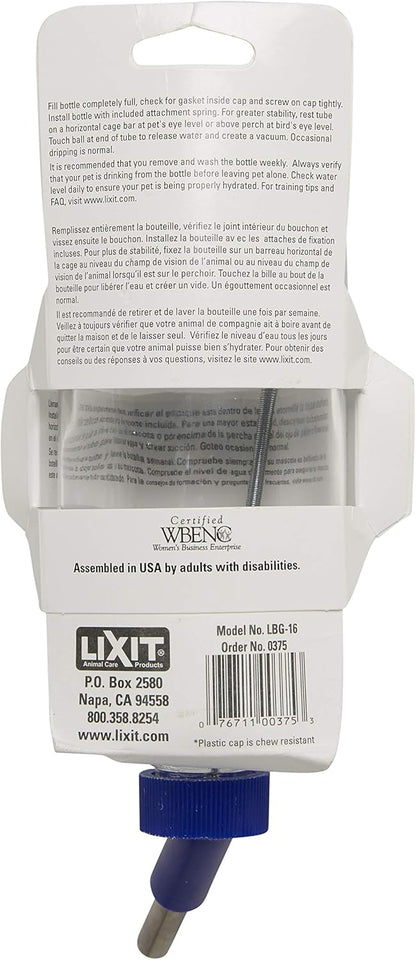 Lixit Glass Water Bottles for Small Animals and Birds (16oz), Clear (COMINHKR016337)