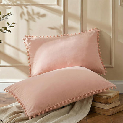 Pink Pillowcases Queen Size Peach Pink Pom Pom Pillow Case Covers 2 Pieces Soft and Cozy Decorative Pillow Cases for Bedroom Boho Chic Pillow Shams