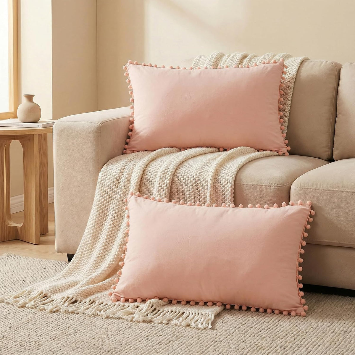 Pink Pillowcases Queen Size Peach Pink Pom Pom Pillow Case Covers 2 Pieces Soft and Cozy Decorative Pillow Cases for Bedroom Boho Chic Pillow Shams