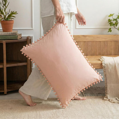 Pink Pillowcases Queen Size Peach Pink Pom Pom Pillow Case Covers 2 Pieces Soft and Cozy Decorative Pillow Cases for Bedroom Boho Chic Pillow Shams