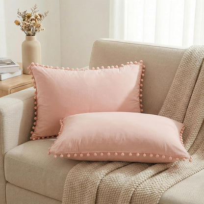 Pink Pillowcases Queen Size Peach Pink Pom Pom Pillow Case Covers 2 Pieces Soft and Cozy Decorative Pillow Cases for Bedroom Boho Chic Pillow Shams
