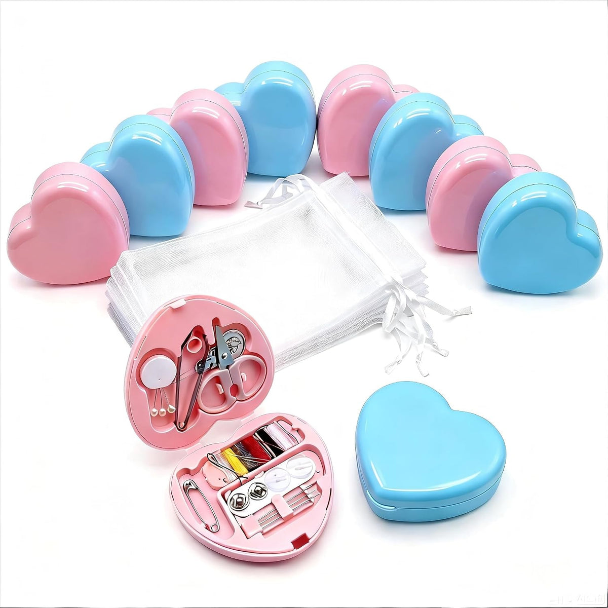 10PCS Mini Sewing Kit with Organza Gift Bags, Heart-Shaped Bulk Mending Set with Bags for Wedding Favors, Holiday Donation & Emergency Repairs (Pink & Blue)