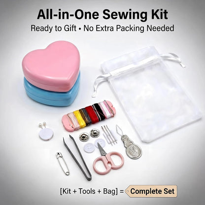 10PCS Mini Sewing Kit with Organza Gift Bags, Heart-Shaped Bulk Mending Set with Bags for Wedding Favors, Holiday Donation & Emergency Repairs (Pink & Blue)