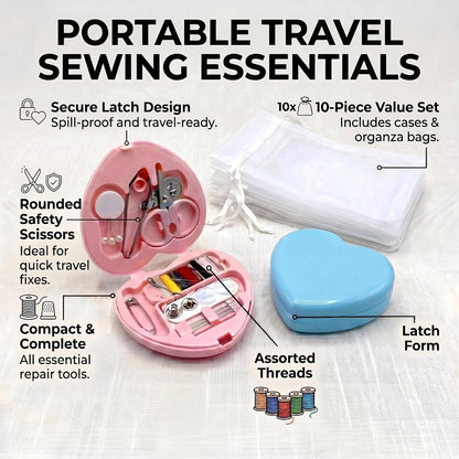 10PCS Mini Sewing Kit with Organza Gift Bags, Heart-Shaped Bulk Mending Set with Bags for Wedding Favors, Holiday Donation & Emergency Repairs (Pink & Blue)