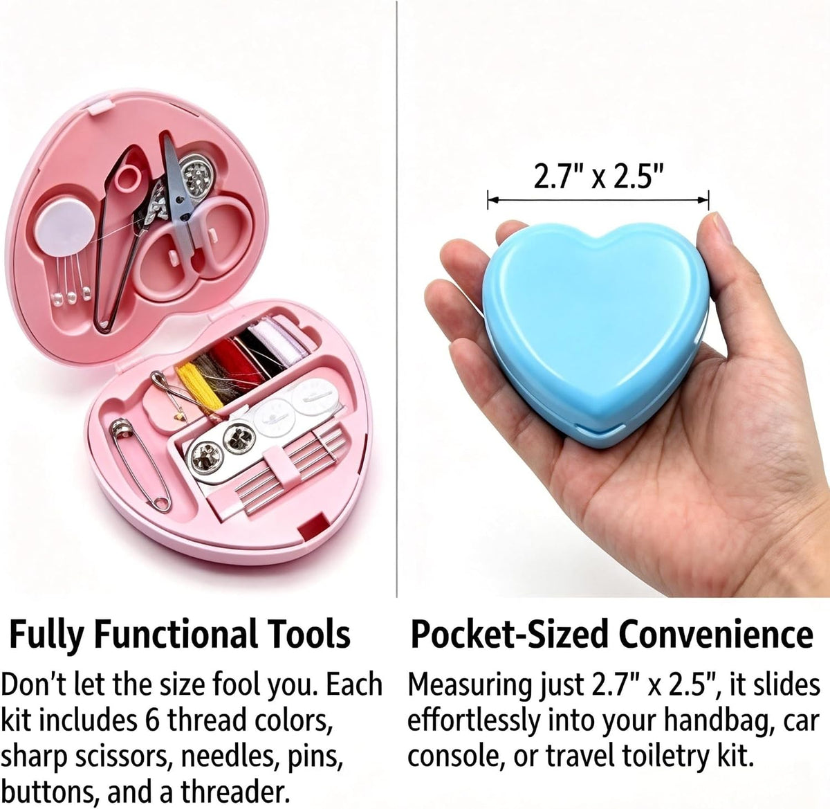 10PCS Mini Sewing Kit with Organza Gift Bags, Heart-Shaped Bulk Mending Set with Bags for Wedding Favors, Holiday Donation & Emergency Repairs (Pink & Blue)