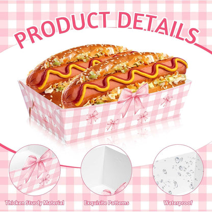 80 Pcs Pink Bow Nacho Food Trays Snack Serving Plates Pink Food Boats Hot Dog Nacho Trays for Coquette Birthday Wedding Anniversaries Party Supplies
