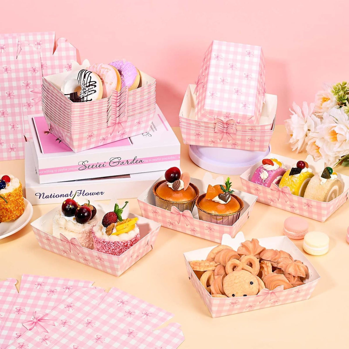 80 Pcs Pink Bow Nacho Food Trays Snack Serving Plates Pink Food Boats Hot Dog Nacho Trays for Coquette Birthday Wedding Anniversaries Party Supplies