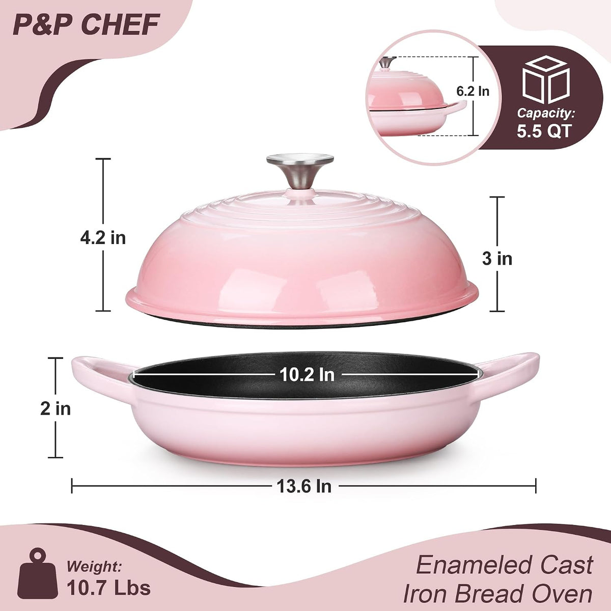 Pink Enameled Bread Dutch Oven for Sourdough, 5.5 QT