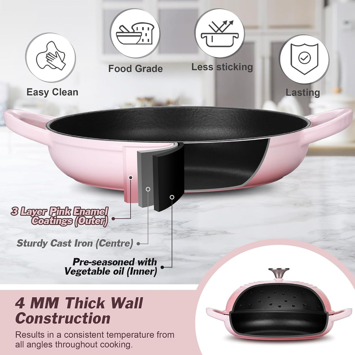 Pink Enameled Bread Dutch Oven for Sourdough, 5.5 QT