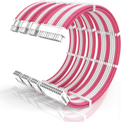16AWG PSU Cable Extension Kit With Cable Combs,1x24pin ATX/1x8pin(4+4) EPS/2x8pin(6+2) PCIE Extension Cable,Cable Extension PC Sleeved Cables 30cm Length,Power Supply Extension Cable Kit(Pink/White)