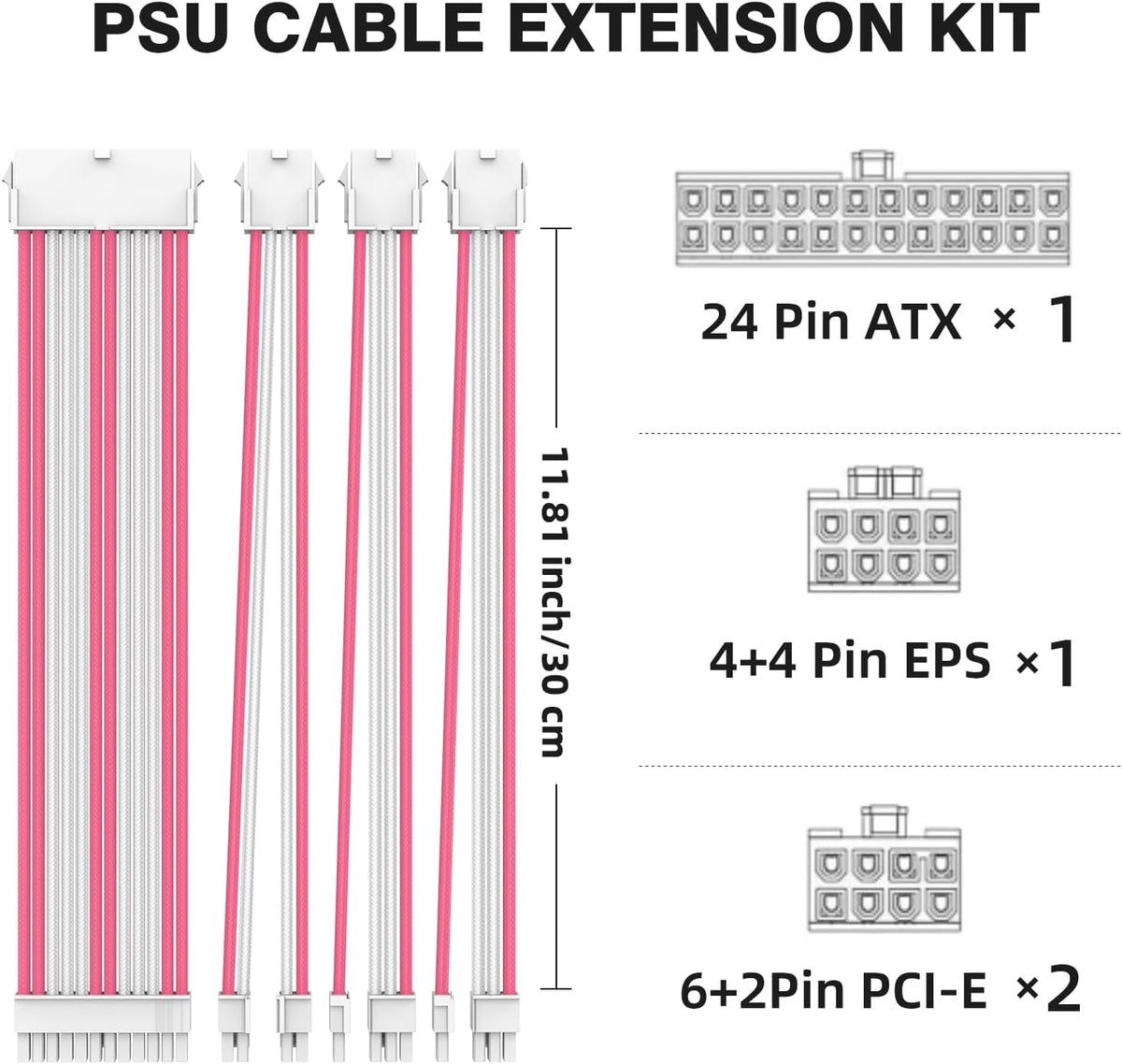 16AWG PSU Cable Extension Kit With Cable Combs,1x24pin ATX/1x8pin(4+4) EPS/2x8pin(6+2) PCIE Extension Cable,Cable Extension PC Sleeved Cables 30cm Length,Power Supply Extension Cable Kit(Pink/White)