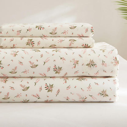 Pink Floral Sheet Full Size Bed Sheets Set White - 4 Piece Extra Deep Pocket Full Pink Floral Bed Sheets - Cooling Soft Sheet & Pillowcase Sets Full Size,Floral Bed Sheet Set
