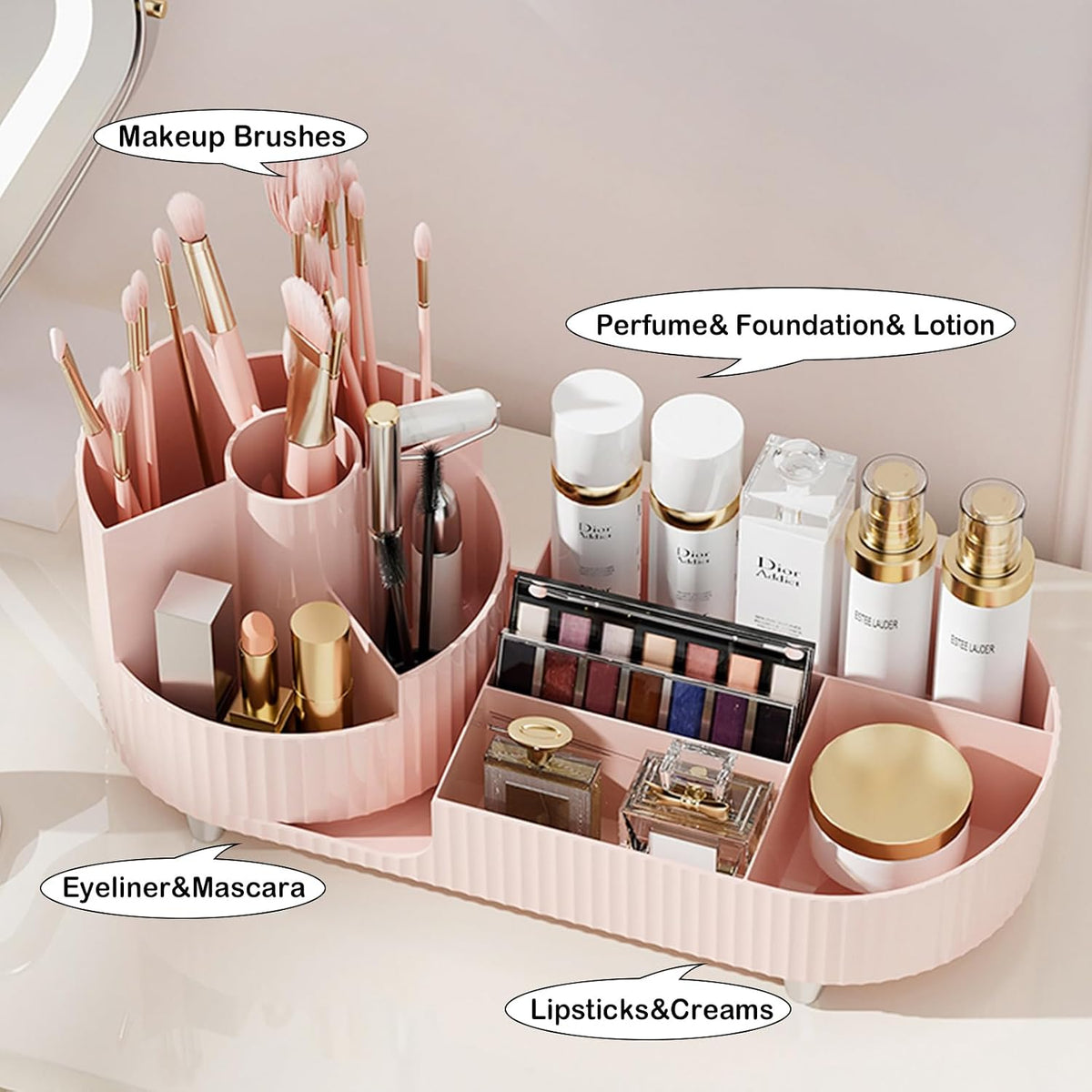 Pink Rotating Vanity Organizer with Brush Holder - Large Spinning Cosmetic Storage, Countertop Makeup & Skincare Organizer, Perfume & Lotions Display Case