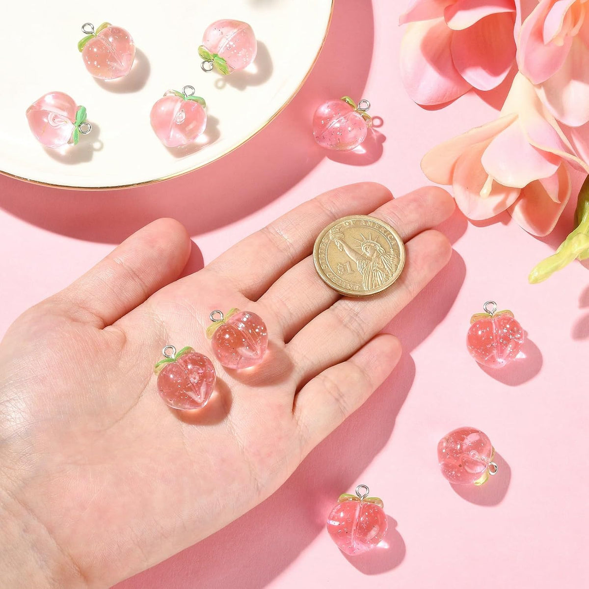 10 Pcs Transparent Resin Charms 3D Food Fruit Pink Peach Charms for Jewelry Crafting Findings