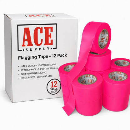Pink Flagging Tape 12 Pack - Non-Adhesive Survey Tape - 1-3/16 Inch Width, 150 Ft Length, 2 Mil - Tree Marking Ribbon, Surveyors Ribbon